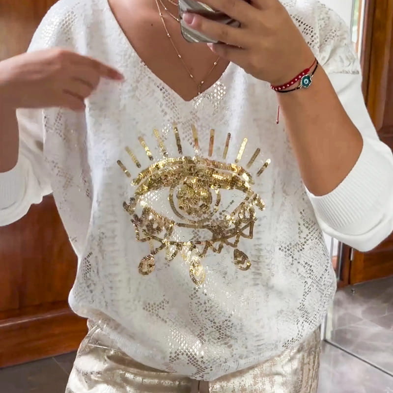 Outfit Women's V-Neck Top with Sequins and Shimmering Trousers | L&S - 6 - London-stylehouse.com