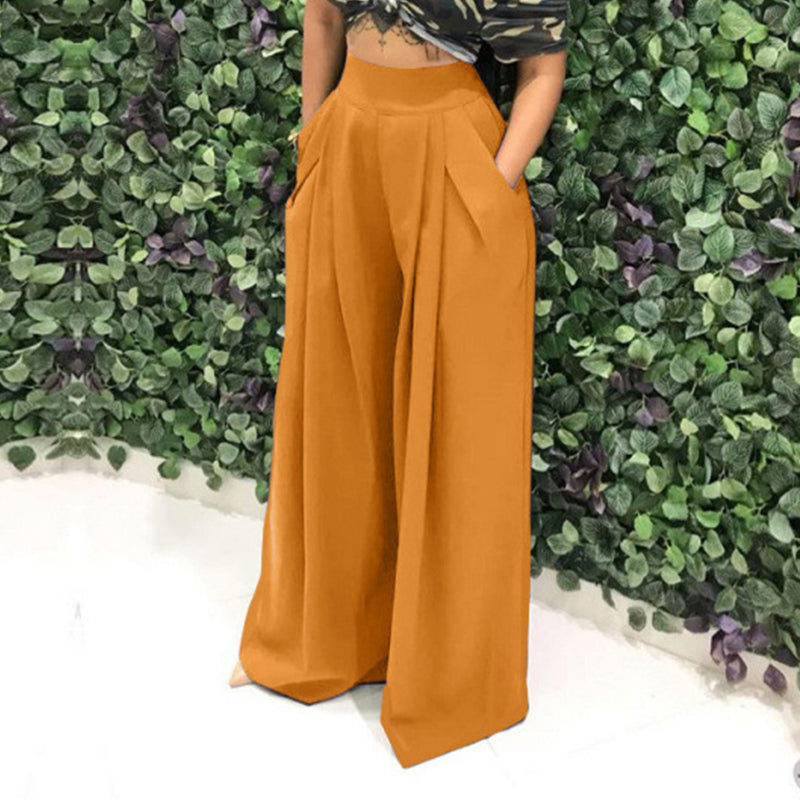 Wide Leg Women's Trousers with Pockets and High Waist | L&S - 2 - London-stylehouse.com