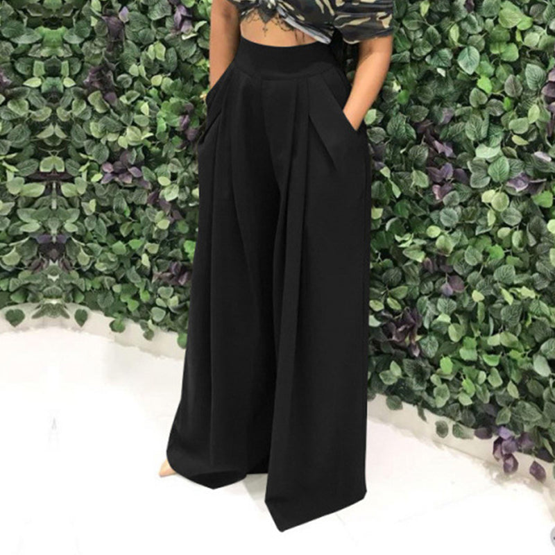 Wide Leg Women's Trousers with Pockets and High Waist | L&S - 4 - London-stylehouse.com