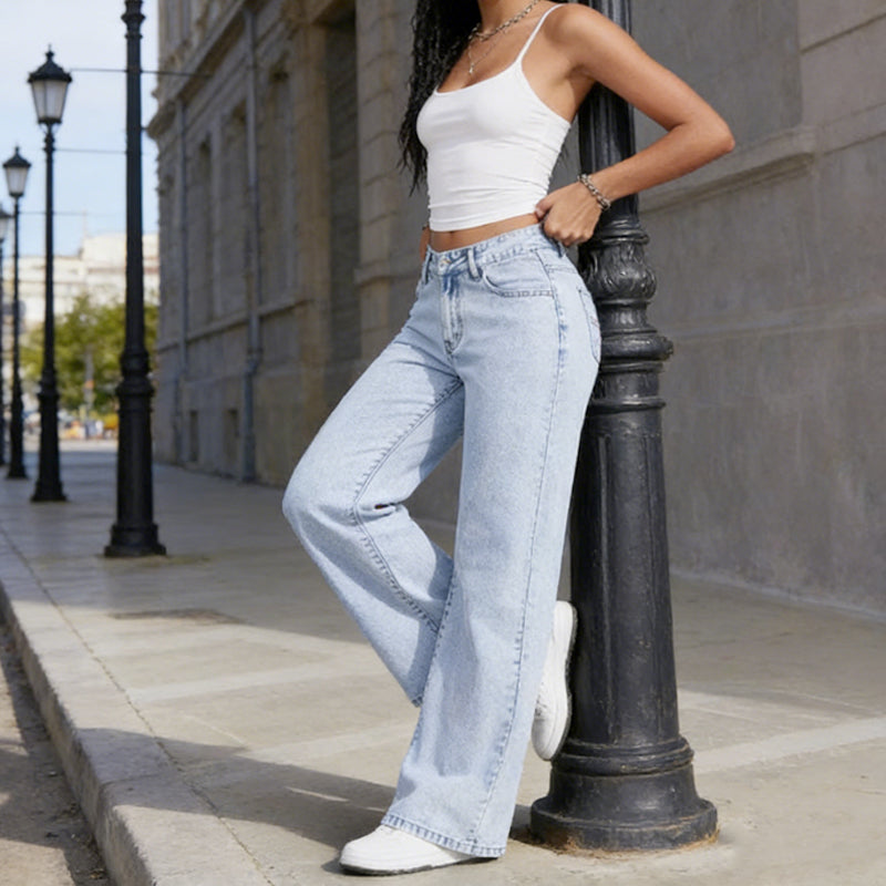 Women's High-Waisted Wide Leg Jeans with Bow Detail | L&S - 1 - London-stylehouse.com