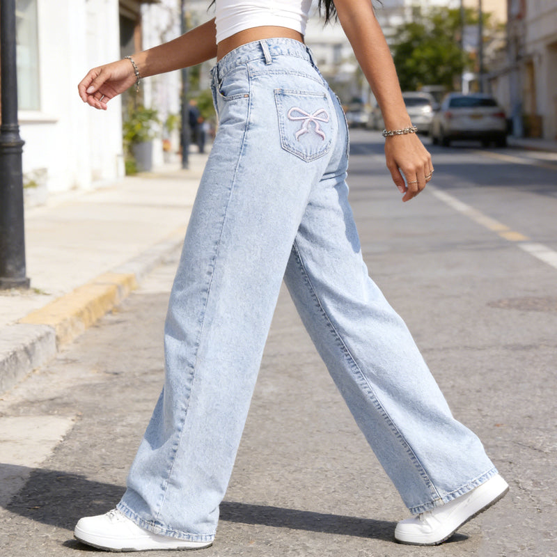 Women's High-Waisted Wide Leg Jeans with Bow Detail | L&S - 2 - London-stylehouse.com