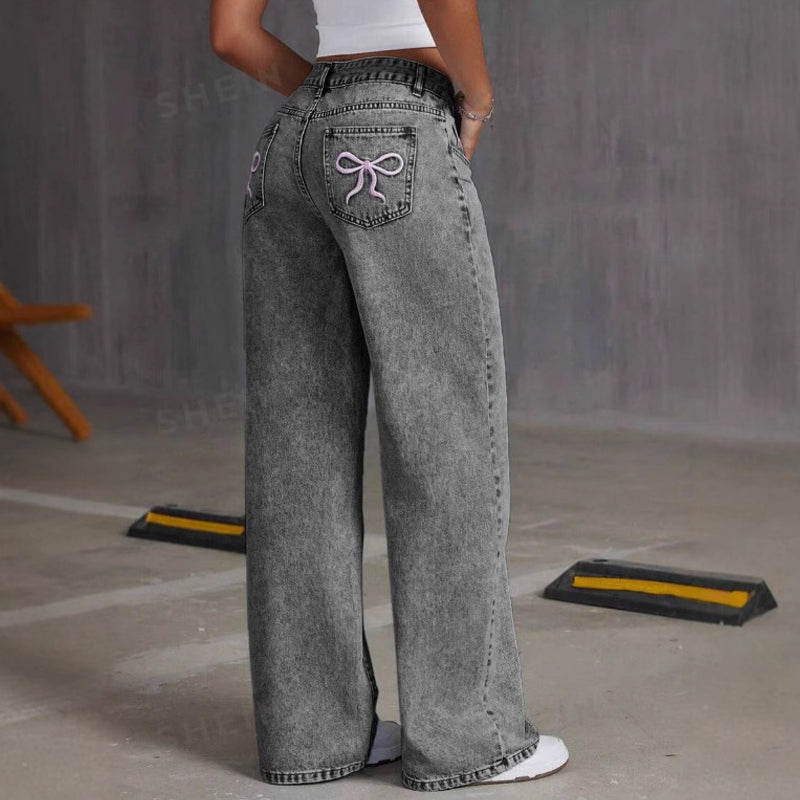 Women's High-Waisted Wide Leg Jeans with Bow Detail | L&S - 4 - London-stylehouse.com