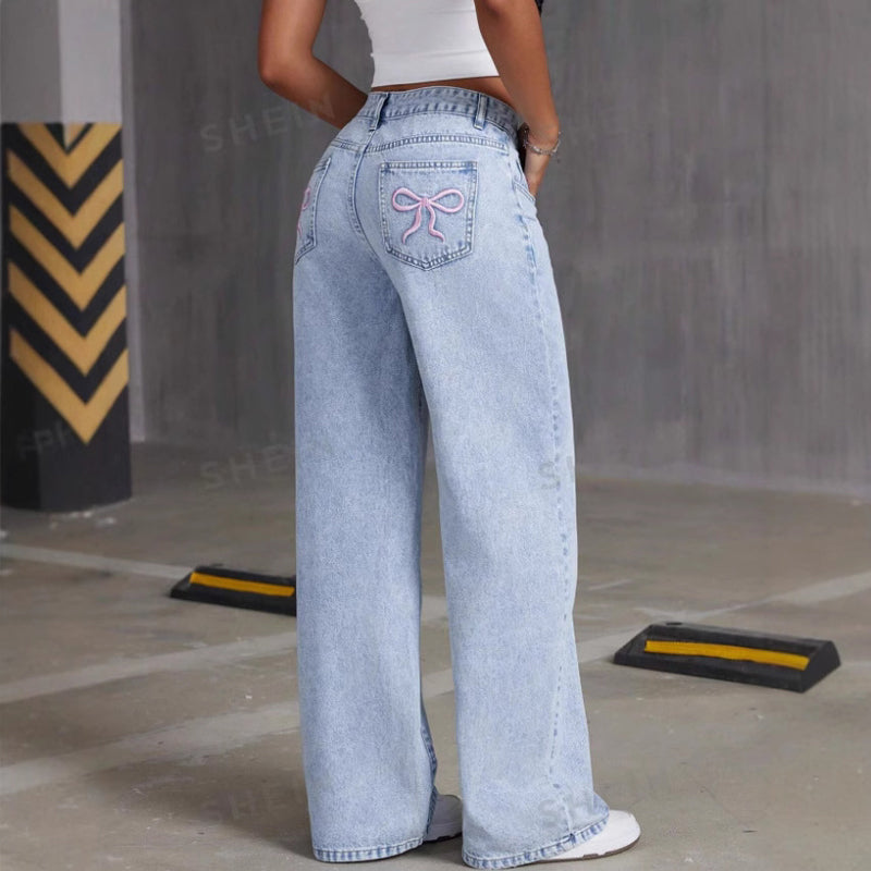 Women's High-Waisted Wide Leg Jeans with Bow Detail | L&S - 5 - London-stylehouse.com