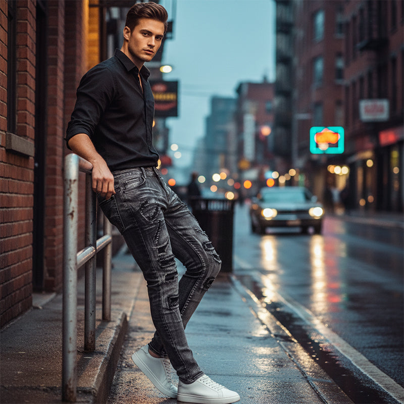 Men's Slim-Fit Jeans with Distressed Detailing | L&S - 1 - London-stylehouse.com