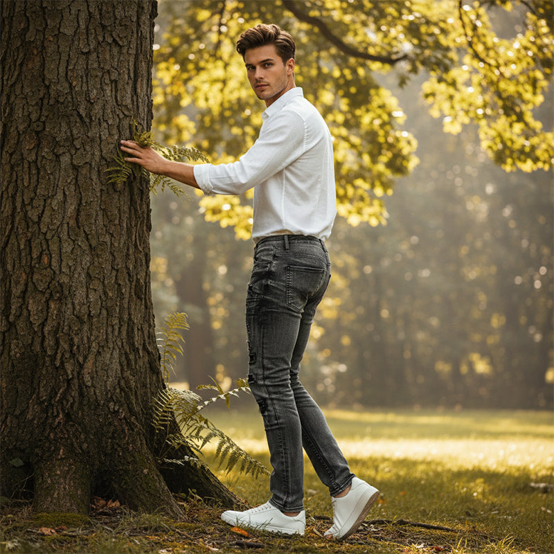 Men's Slim-Fit Jeans with Distressed Detailing | L&S - 2 - London-stylehouse.com