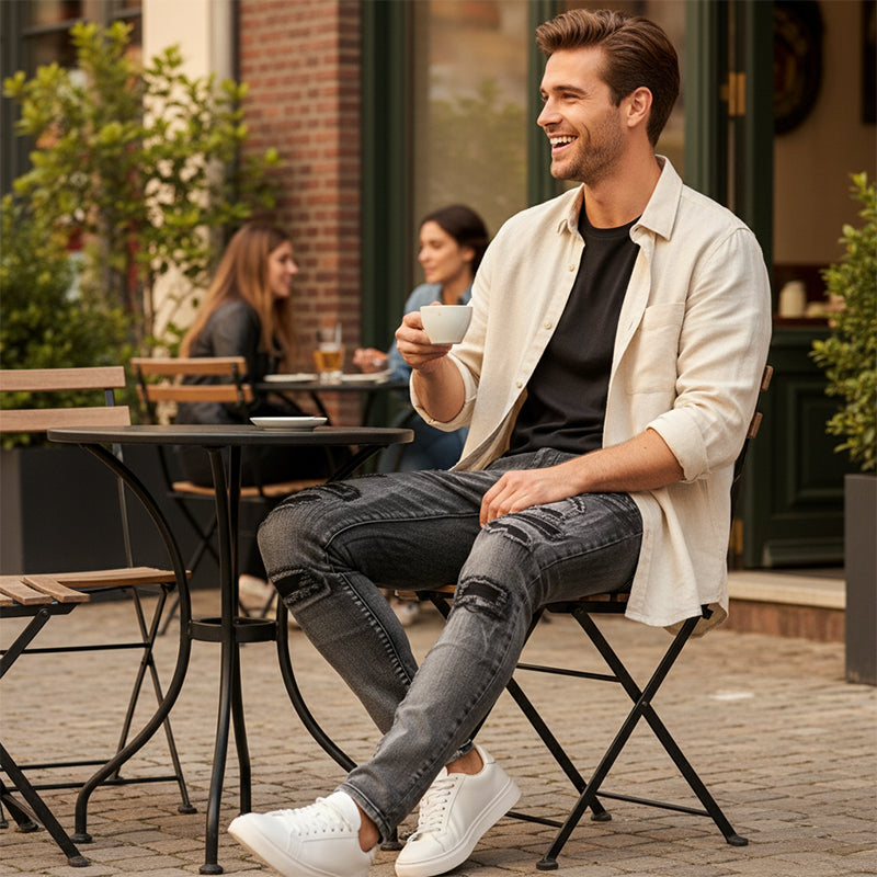 Men's Slim-Fit Jeans with Distressed Detailing | L&S - 3 - London-stylehouse.com