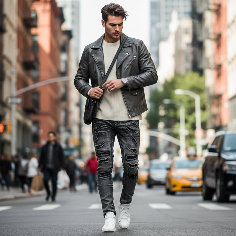 Men's Slim-Fit Jeans with Distressed Detailing | L&S - 4 - London-stylehouse.com