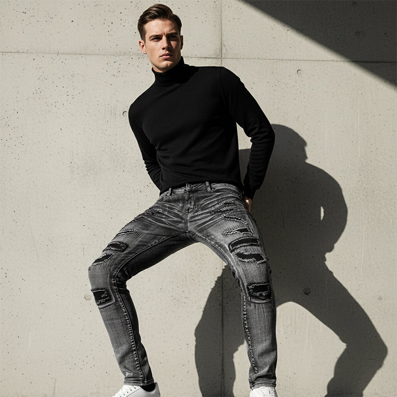 Men's Slim-Fit Jeans with Distressed Detailing | L&S - 5 - London-stylehouse.com