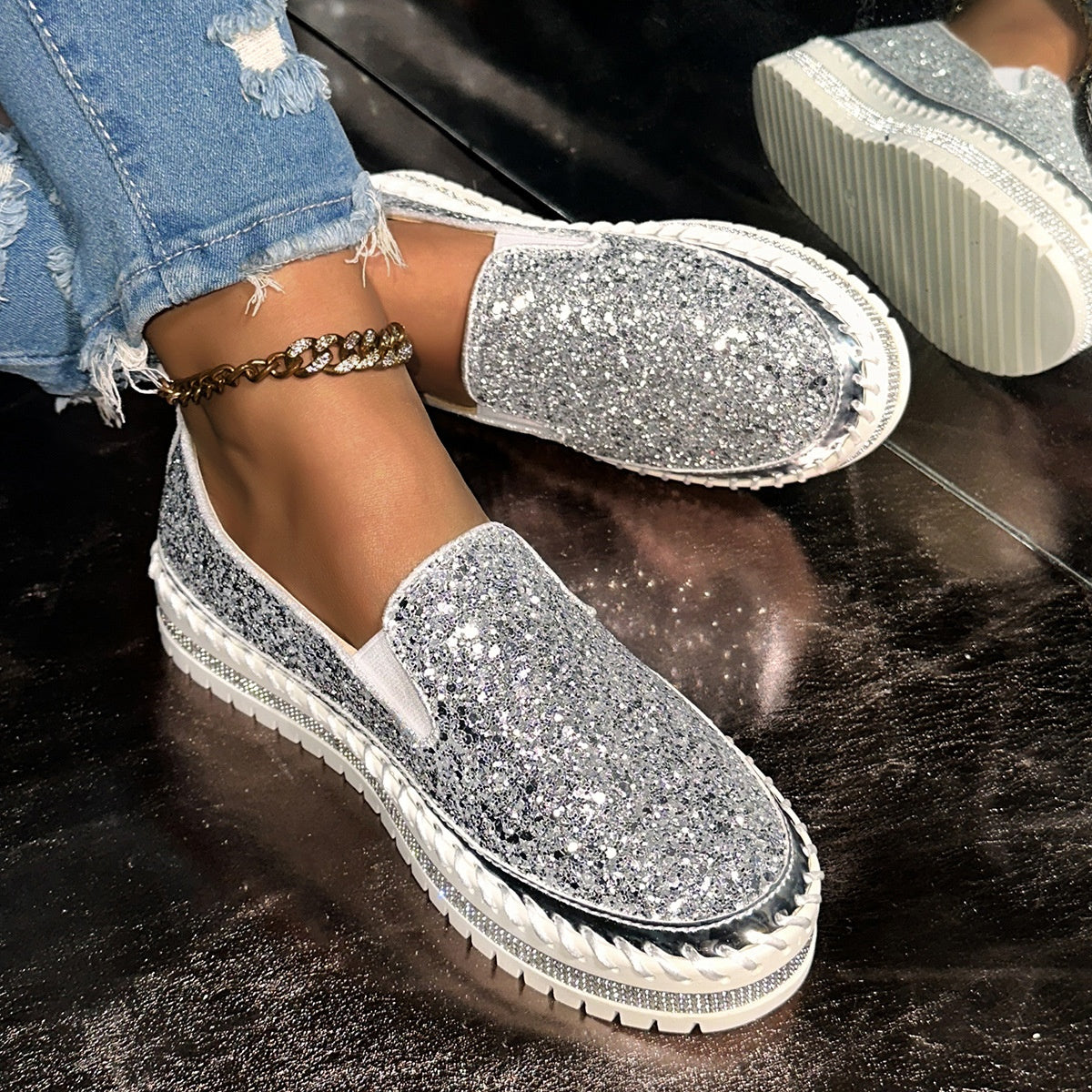 Women's Slip-On Shoes with Glitter Detailing | L&S - 1 - London-stylehouse.com