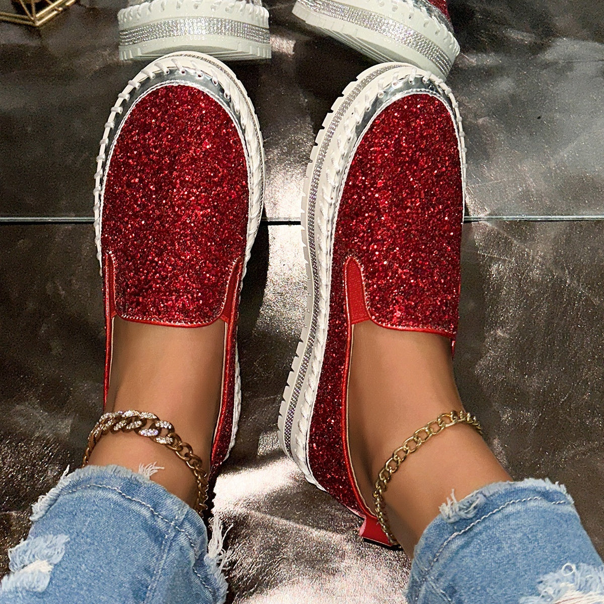 Women's Slip-On Shoes with Glitter Detailing | L&S - 2 - London-stylehouse.com