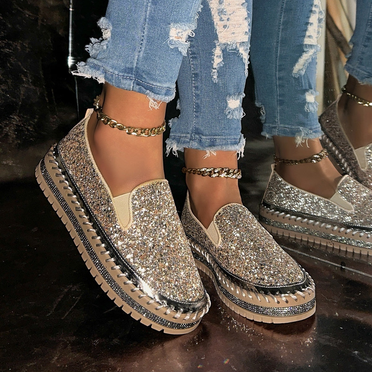 Women's Slip-On Shoes with Glitter Detailing | L&S - 4 - London-stylehouse.com
