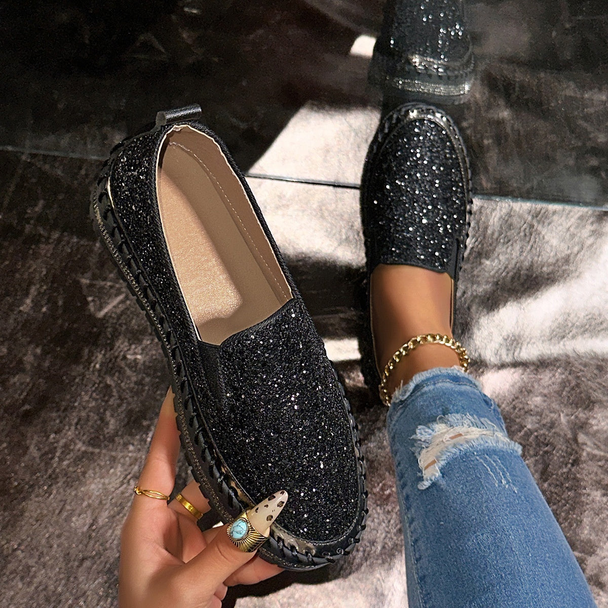 Women's Slip-On Shoes with Glitter Detailing | L&S - 5 - London-stylehouse.com