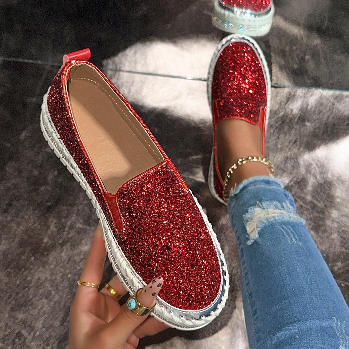 Women's Slip-On Shoes with Glitter Detailing | L&S - 7 - London-stylehouse.com