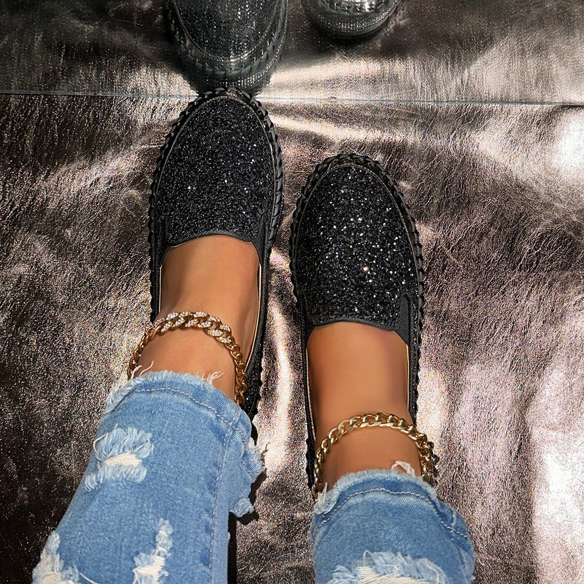 Women's Slip-On Shoes with Glitter Detailing | L&S - 8 - London-stylehouse.com