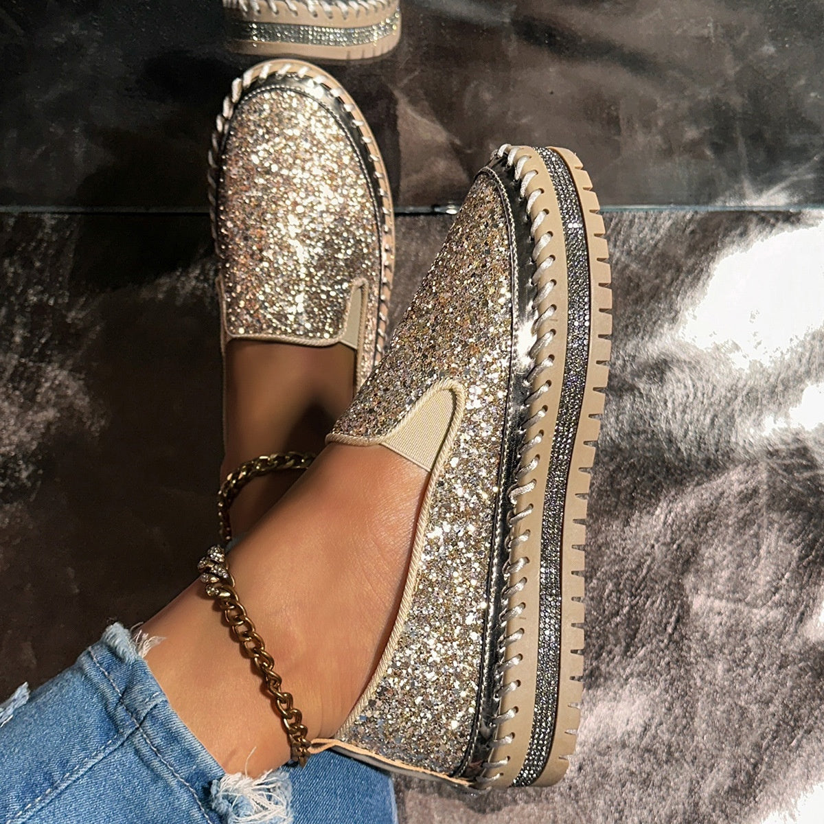 Women's Slip-On Shoes with Glitter Detailing | L&S - 10 - London-stylehouse.com