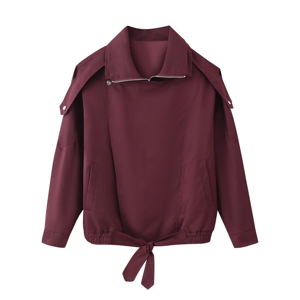 Women's Oversized Jacket with Asymmetrical Zip and Tie Waist | L&S - 1 - London-stylehouse.com