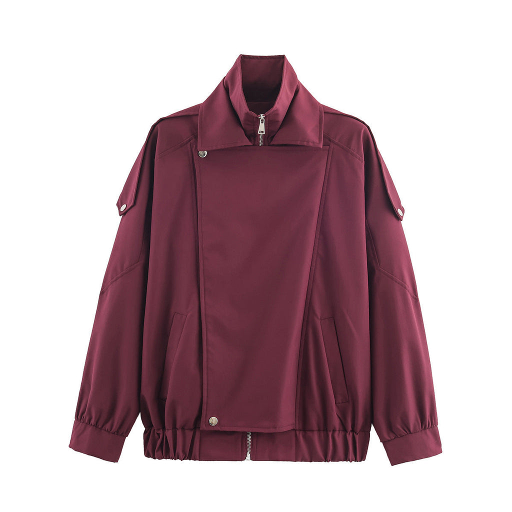 Women's Oversized Jacket with Asymmetrical Zip and Tie Waist | L&S - 4 - London-stylehouse.com