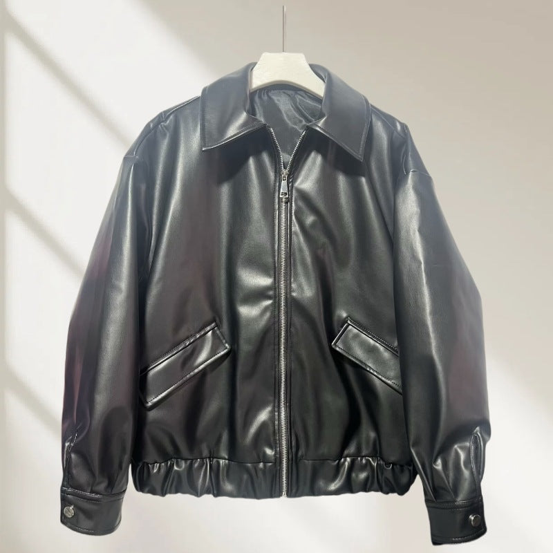 Women's Oversized Faux Leather Jacket with Elastic Hem | L&S - 3 - London-stylehouse.com