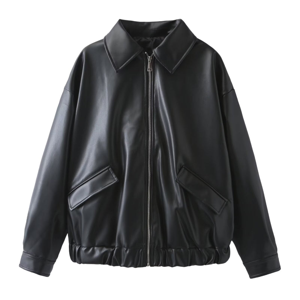 Women's Oversized Faux Leather Jacket with Elastic Hem | L&S - 4 - London-stylehouse.com