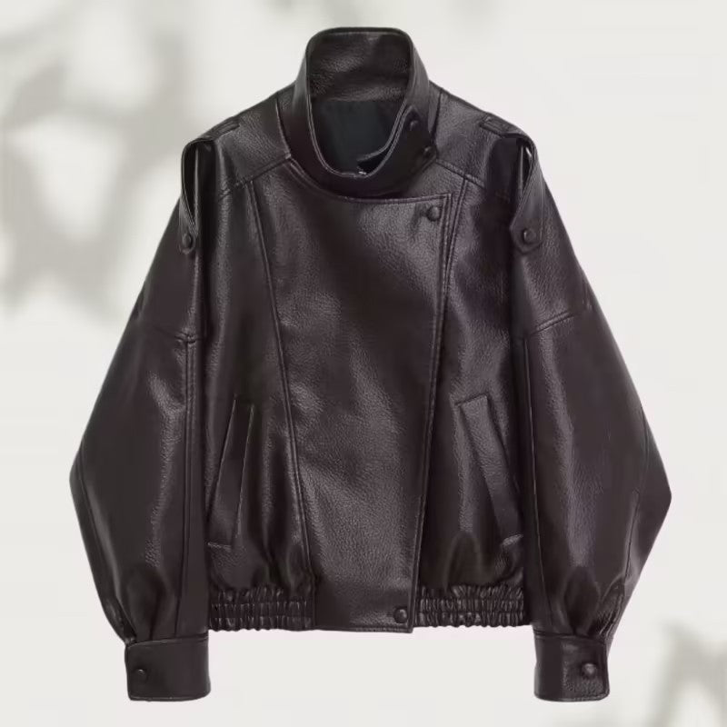 Women's Oversized Biker Jacket with Asymmetrical Lapel | L&S - 1 - London-stylehouse.com