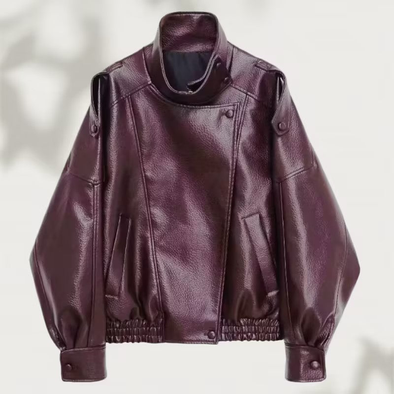 Women's Oversized Biker Jacket with Asymmetrical Lapel | L&S - 2 - London-stylehouse.com