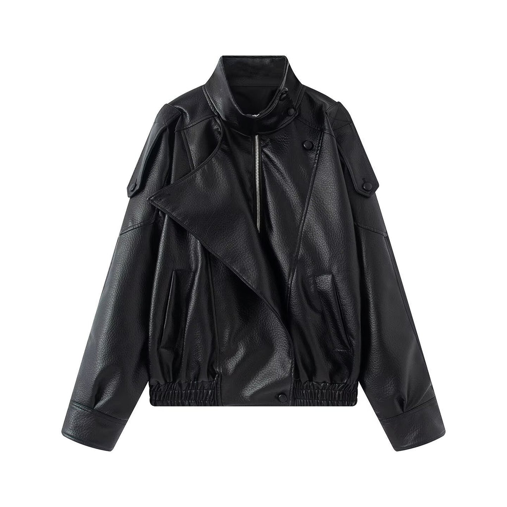 Women's Oversized Biker Jacket with Asymmetrical Lapel | L&S - 3 - London-stylehouse.com