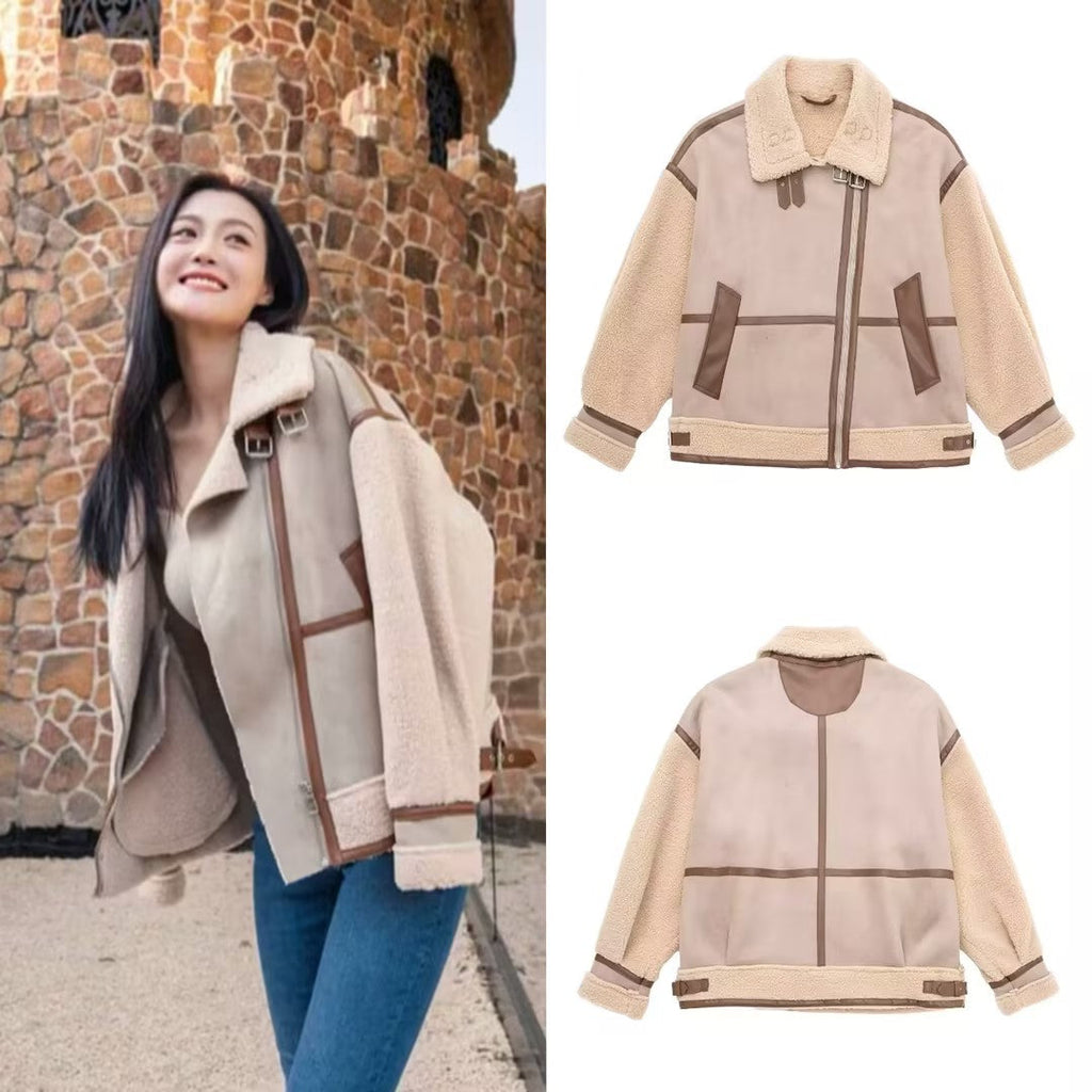 Jacket Women's Relaxed Fit with Asymmetrical Zip and Shearling Details | L&S - 1 - London-stylehouse.com