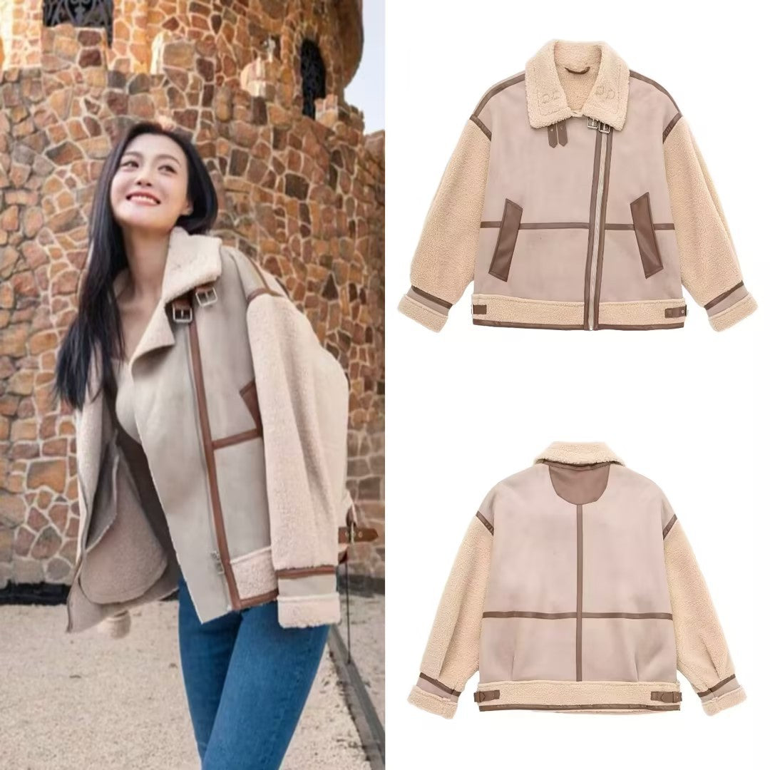 Jacket Women's Relaxed Fit with Asymmetrical Zip and Shearling Details | L&S - 1 - London-stylehouse.com