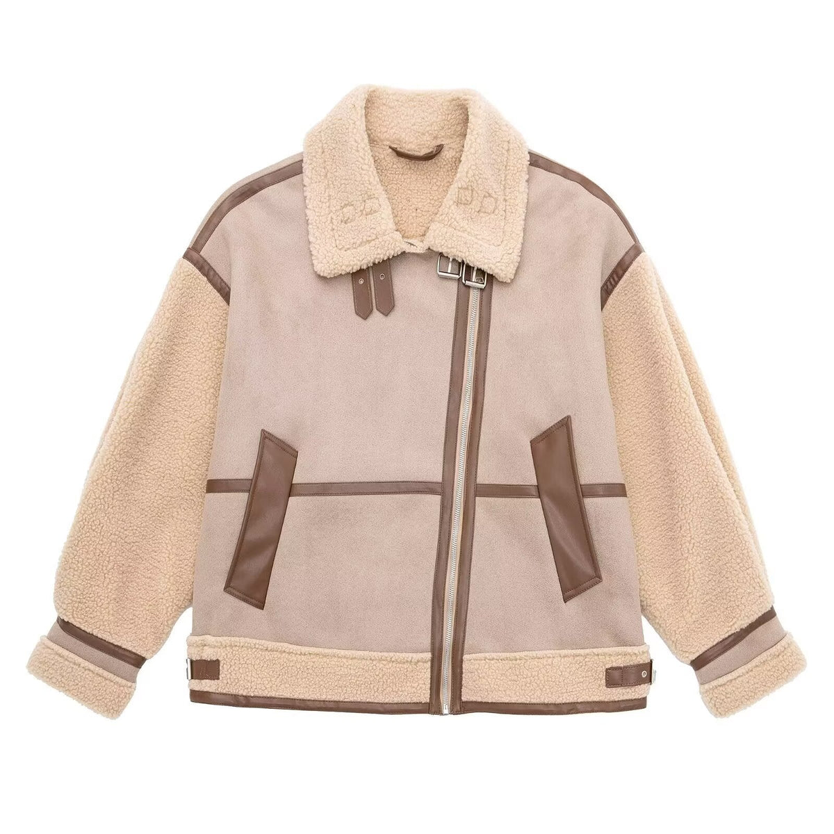 Jacket Women's Relaxed Fit with Asymmetrical Zip and Shearling Details | L&S - 2 - London-stylehouse.com