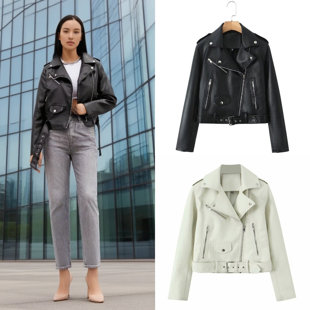 Women's Biker Jacket with Asymmetrical Zip & Belted Waist | L&S - 1 - London-stylehouse.com