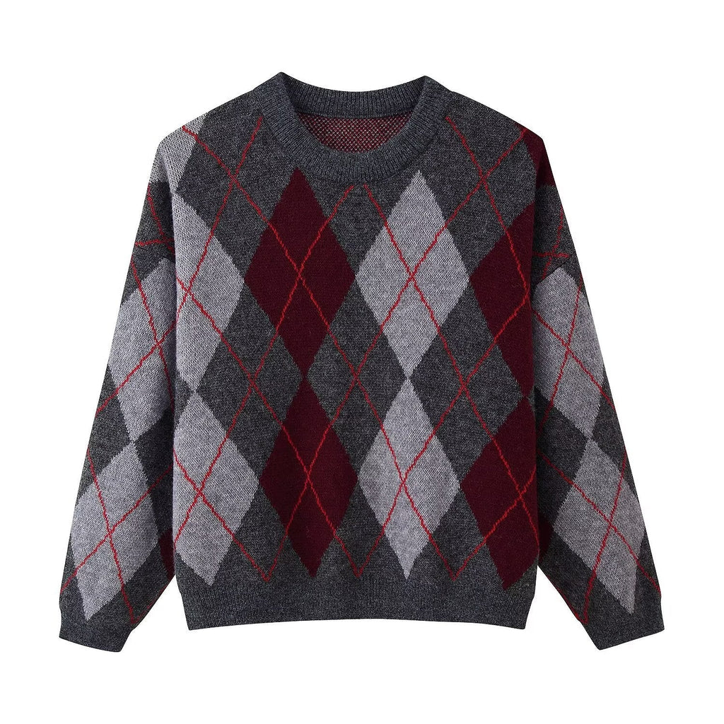 Women's Sweater with Argyle Pattern and Relaxed Fit | L&S - 2 - London-stylehouse.com