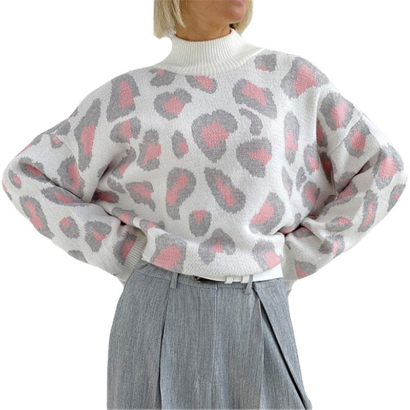 Women's Oversized Sweater with High Roll Neck and Bold Print | L&S - 5 - London-stylehouse.com