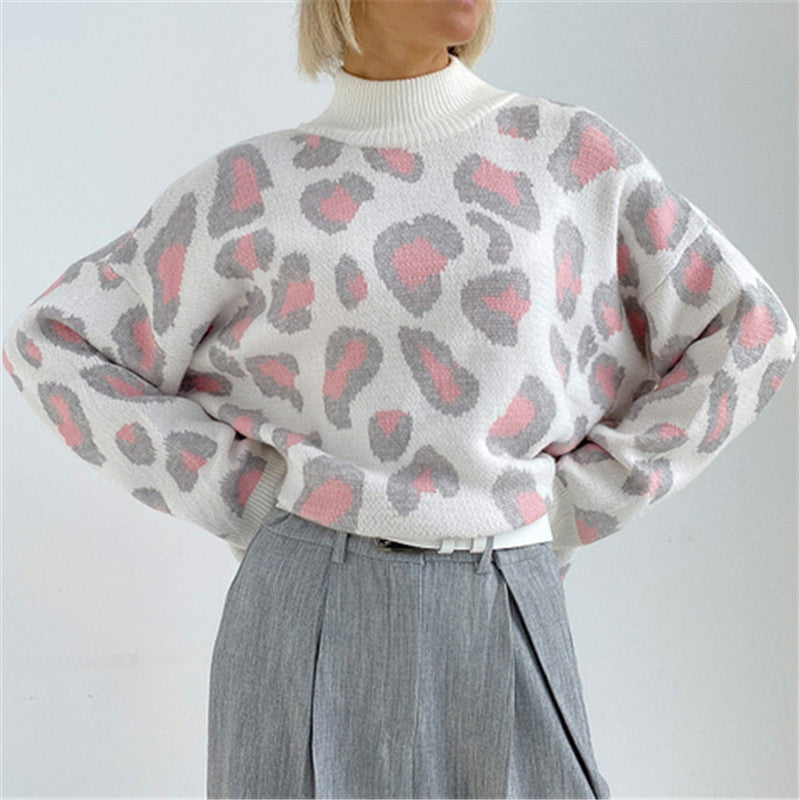 Women's Oversized Sweater with High Roll Neck and Bold Print | L&S - 7 - London-stylehouse.com