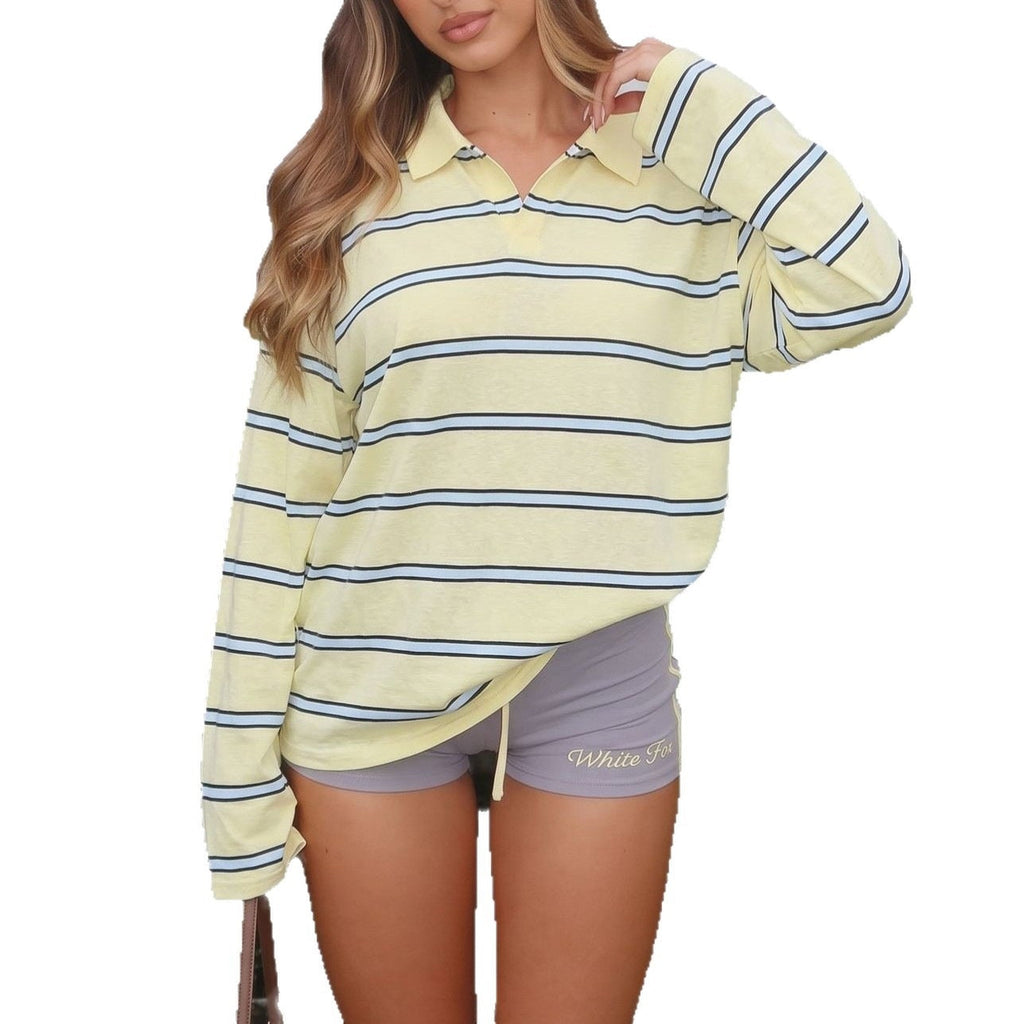 Oversized Striped Blouse Women's with Polo Collar | L&S - 5 - London-stylehouse.com