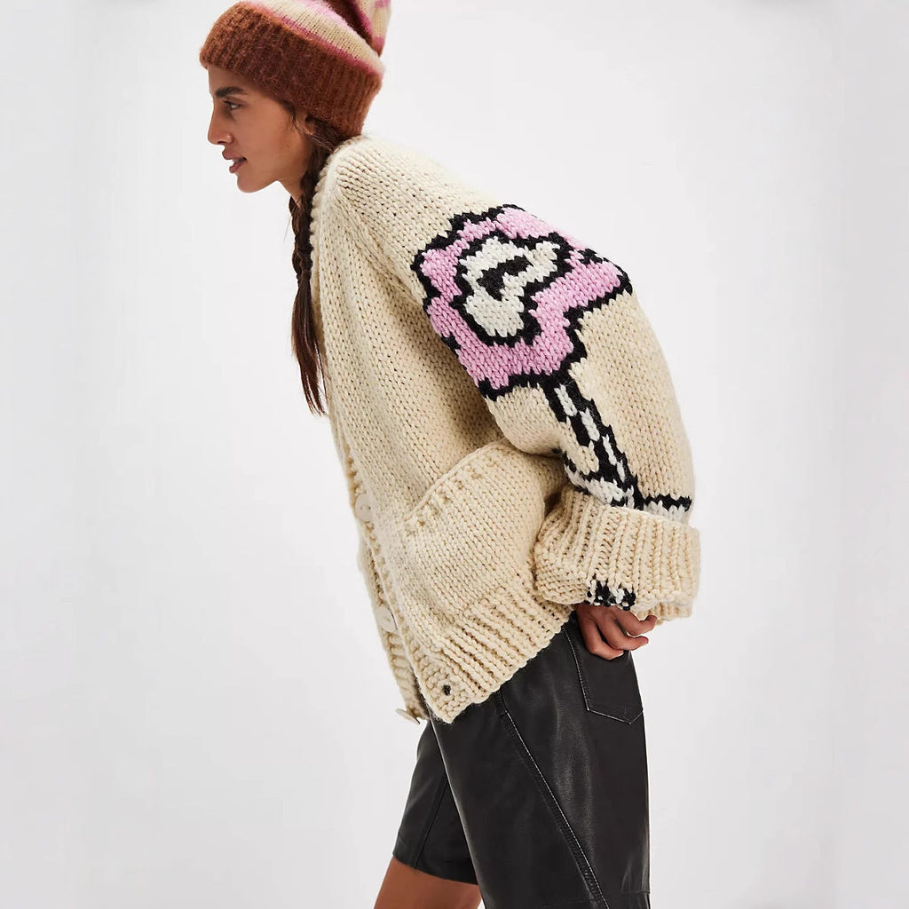 Oversized Cardigan Women with Floral Detail | L&S - 2 - London-stylehouse.com