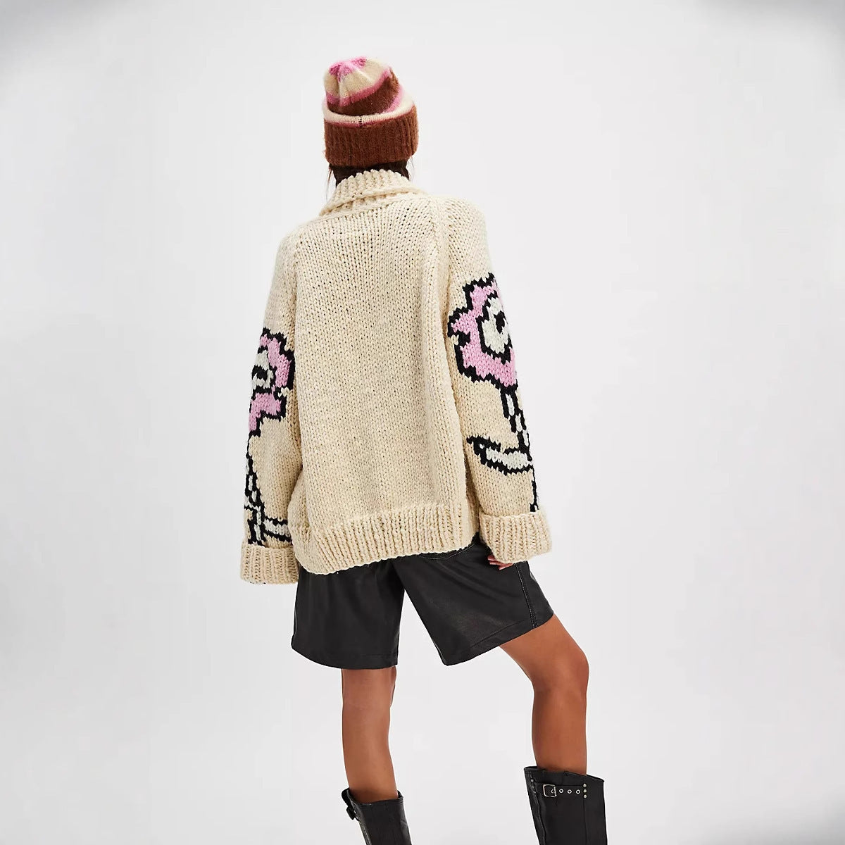 Oversized Cardigan Women with Floral Detail | L&S - 3 - London-stylehouse.com