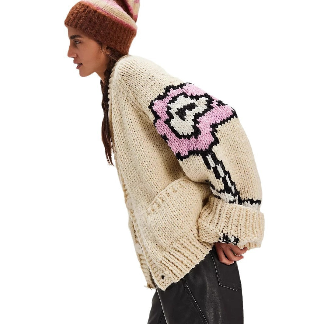 Oversized Cardigan Women with Floral Detail | L&S - 5 - London-stylehouse.com