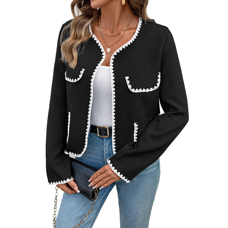 Women's Boxy Jacket with Contrast Trim and Pockets | L&S - 5 - London-stylehouse.com