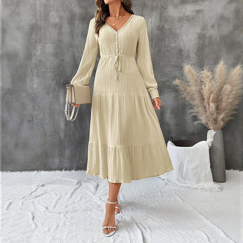 Midi Dress Women's with V-Neckline, Button Detail and Tie Waist | L&S - 1 - London-stylehouse.com