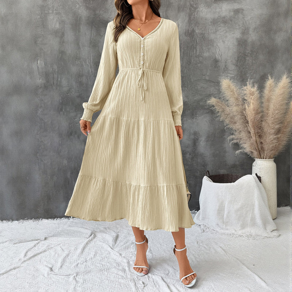 Midi Dress Women's with V-Neckline, Button Detail and Tie Waist | L&S - 3 - London-stylehouse.com