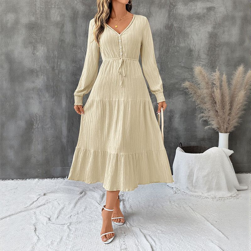 Midi Dress Women's with V-Neckline, Button Detail and Tie Waist | L&S - 6 - London-stylehouse.com