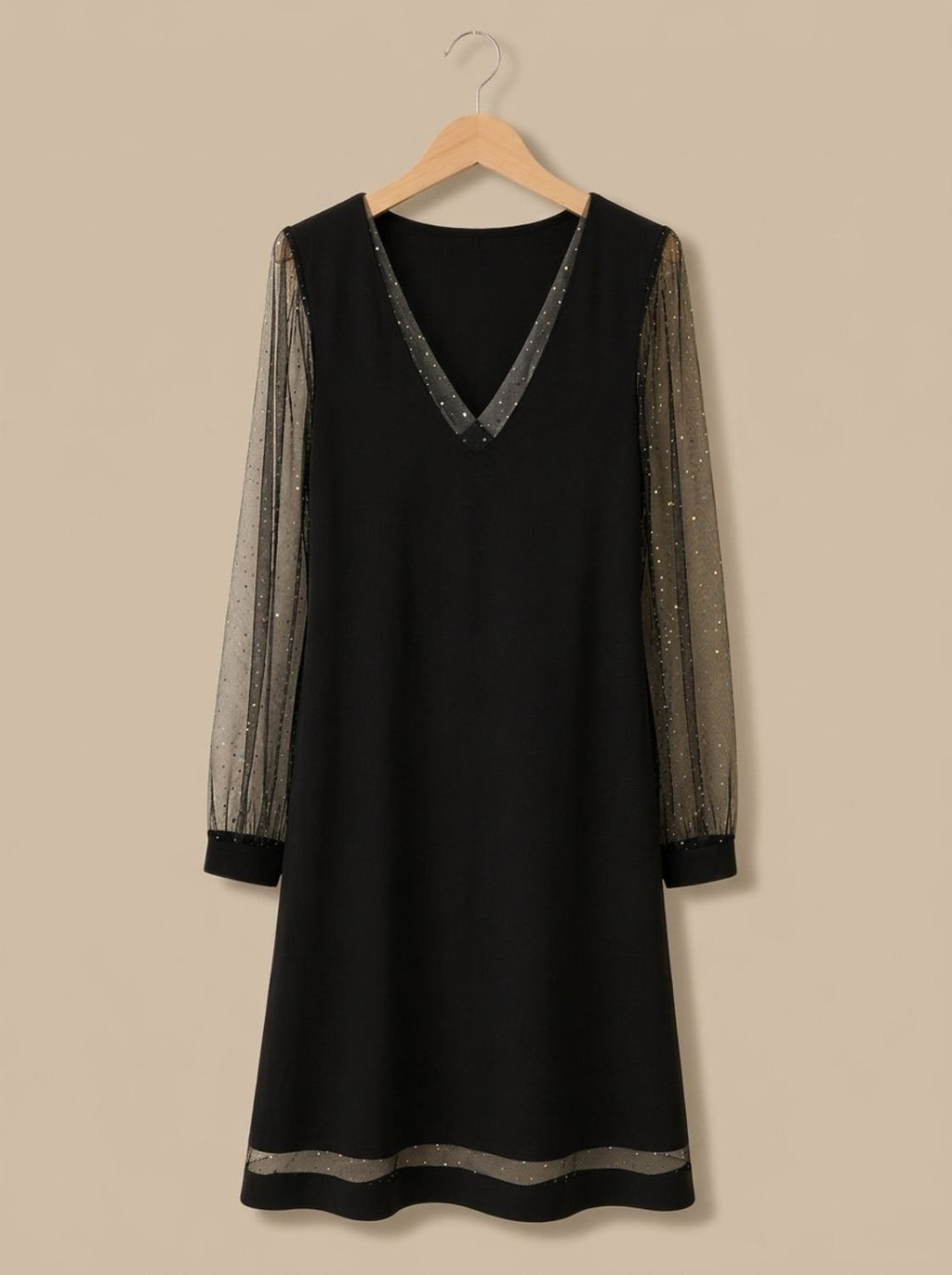 V-Neck Dress with Sheer Sparkling Sleeves | L&S - 4 - London-stylehouse.com