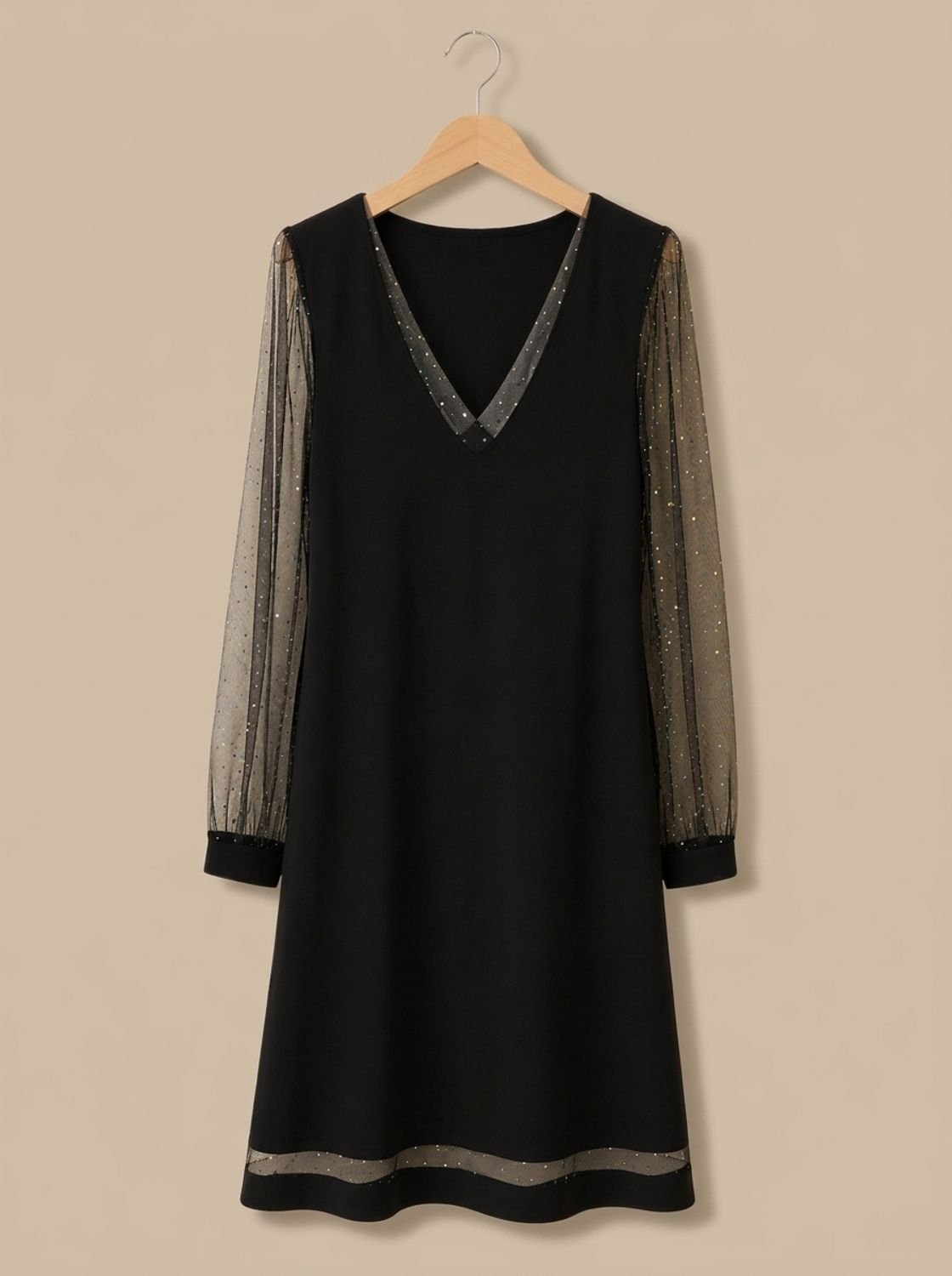 V-Neck Dress with Sheer Sparkling Sleeves | L&S - 4 - London-stylehouse.com