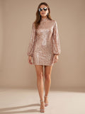 Mini Dress Women's with Puff Sleeves and Sparkling Sequins | L&S - 1 - London-stylehouse.com