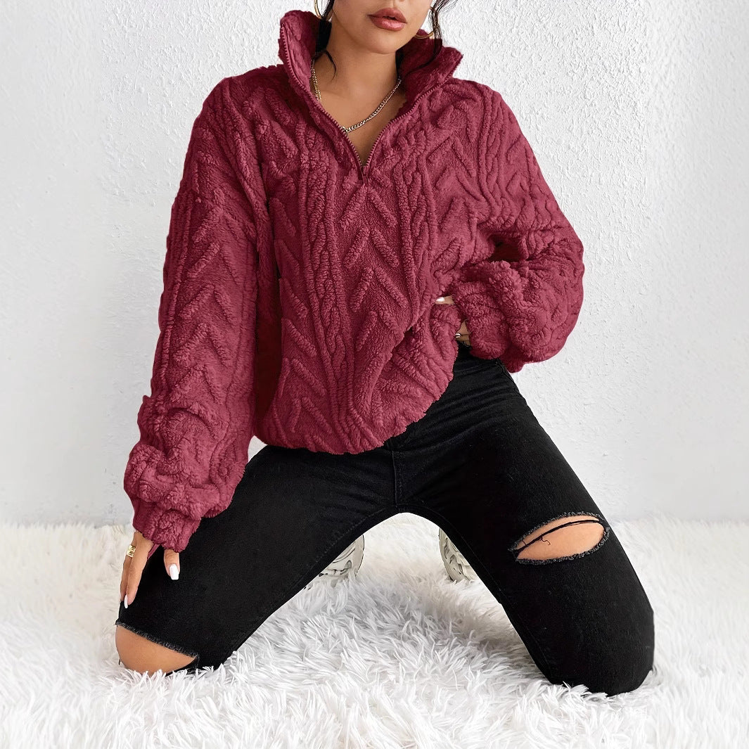 Pullover Women's High Neck Cable Knit Jumper with Zip | L&S - 1 - London-stylehouse.com
