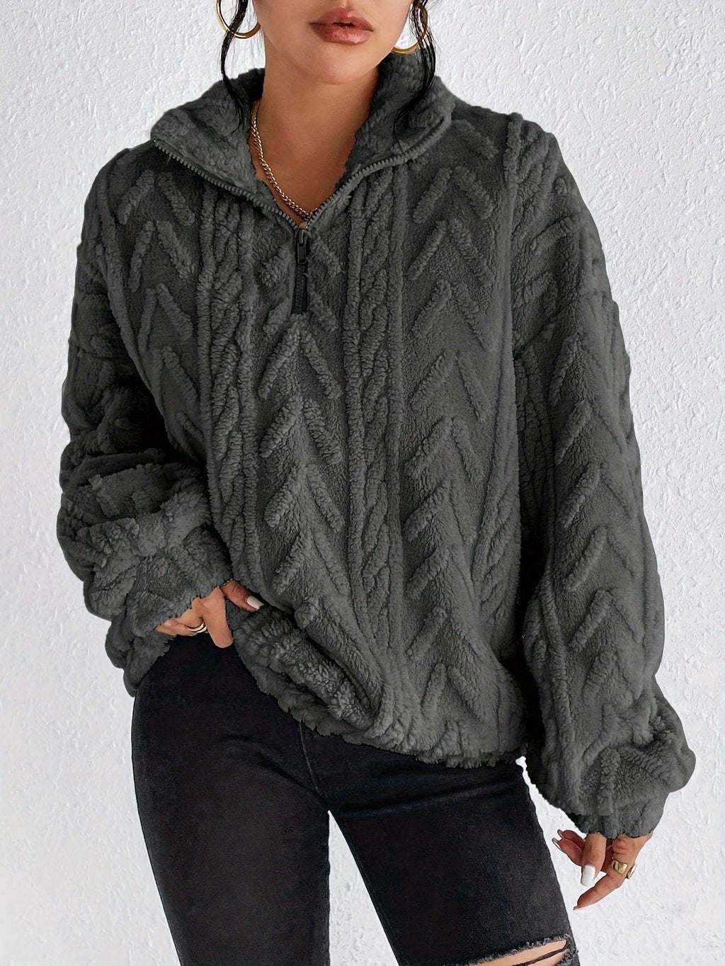 Pullover Women's High Neck Cable Knit Jumper with Zip | L&S - 10 - London-stylehouse.com