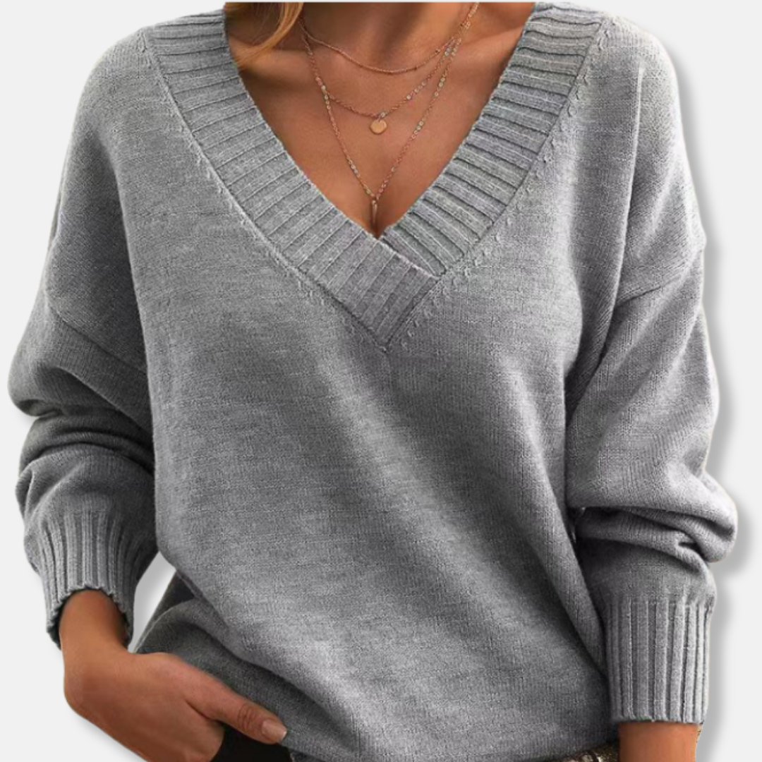 Pullover Women's Relaxed Fit V-Neck with Ribbed Detailing | L&S - 2 - London-stylehouse.com