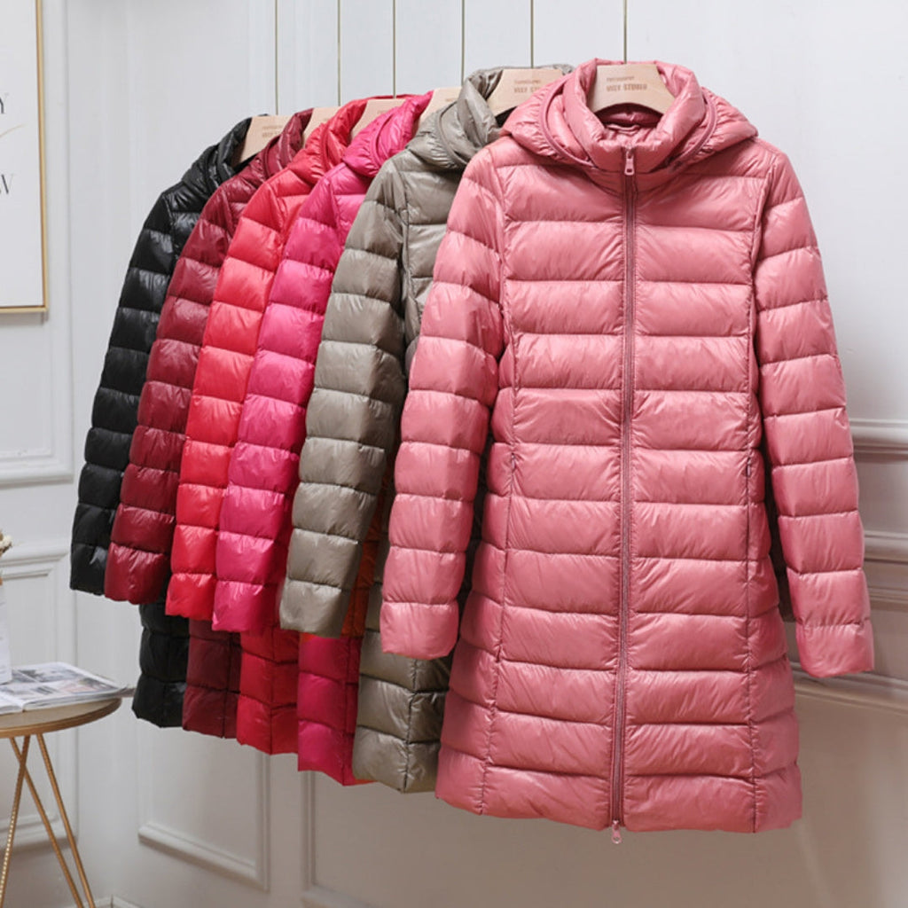Women's Hooded Mid-Length Puffer Coat with Zipper | L&S - 2 - London-stylehouse.com