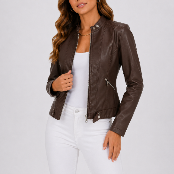 Women's Fitted Leather Jacket with Zipper Detail | L&S - 1 - London-stylehouse.com