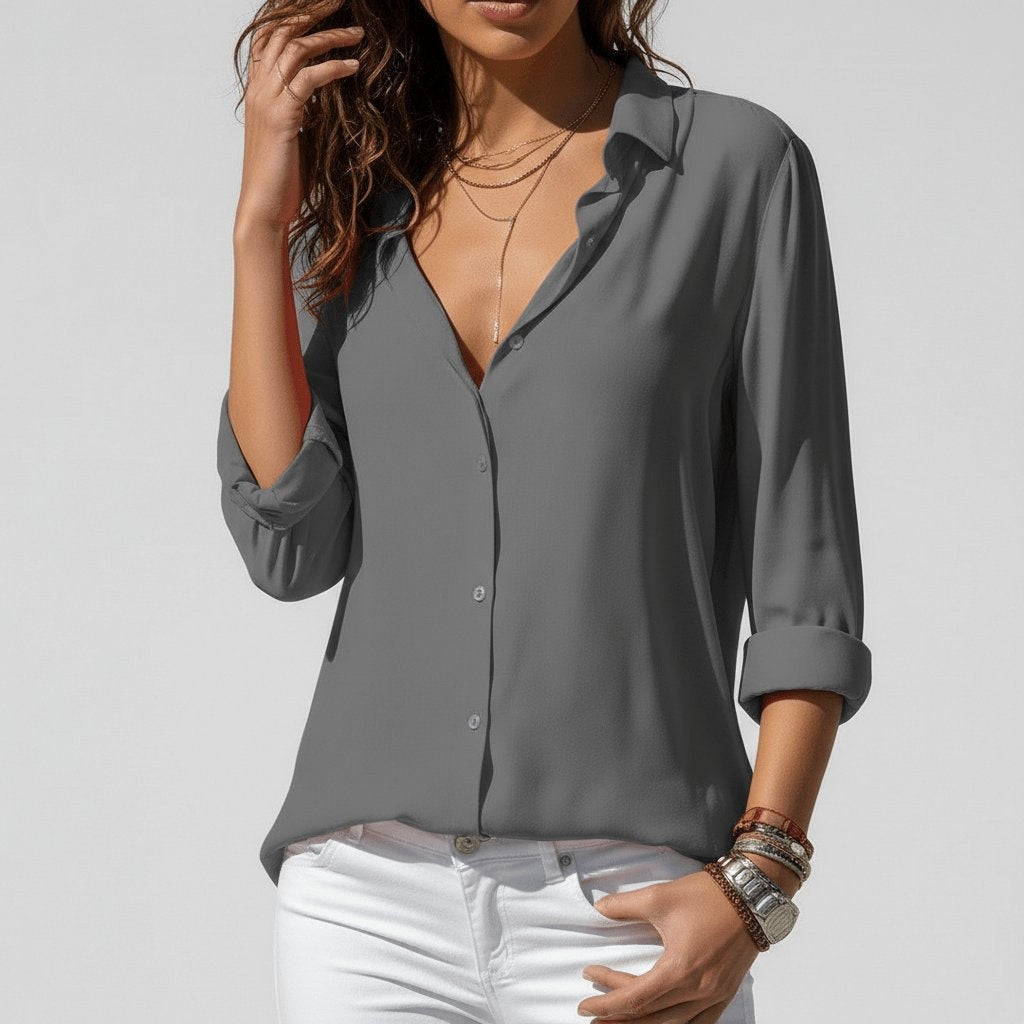 Women's Blouse with Relaxed Fit and Rollable Sleeves | L&S - 1 - London-stylehouse.com